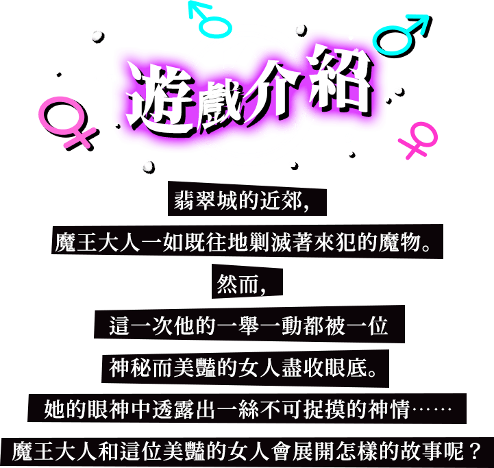 遊戲介紹, 翡翠城的近郊，魔王大人一如既往地剿滅著來犯的魔物。然而，這一次他的一舉一動都被一位神秘而美豔的女人盡收眼底。她的眼神中透露出一絲不可捉摸的神情……魔王大人和這位美豔的女人會展開怎樣的故事呢？