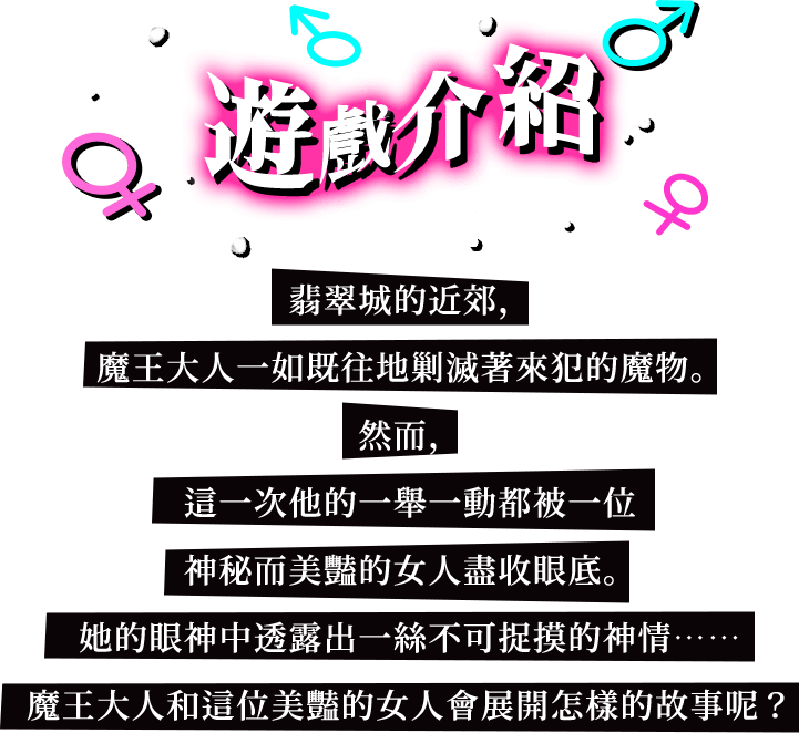 遊戲介紹, 翡翠城的近郊，魔王大人一如既往地剿滅著來犯的魔物。然而，這一次他的一舉一動都被一位神秘而美豔的女人盡收眼底。她的眼神中透露出一絲不可捉摸的神情……魔王大人和這位美豔的女人會展開怎樣的故事呢？